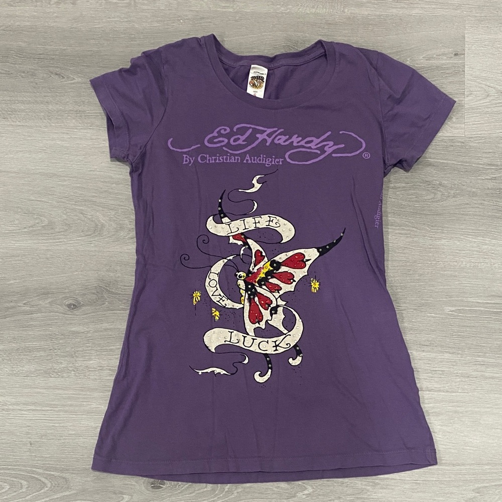 Y2K Ed Hardy Violet Butterfly Graphic Tee